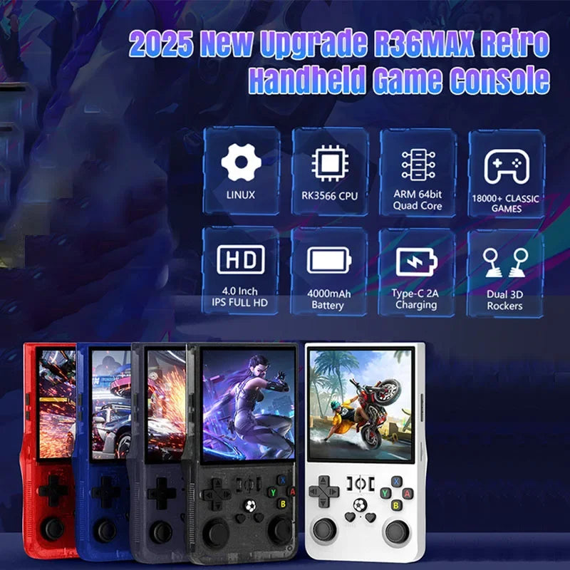 WDYQJE Gaming Console Handheld R36MAX Retro Handheld Game Console Linux System 4'' IPS Screen R36 Portable Pocket Video Player