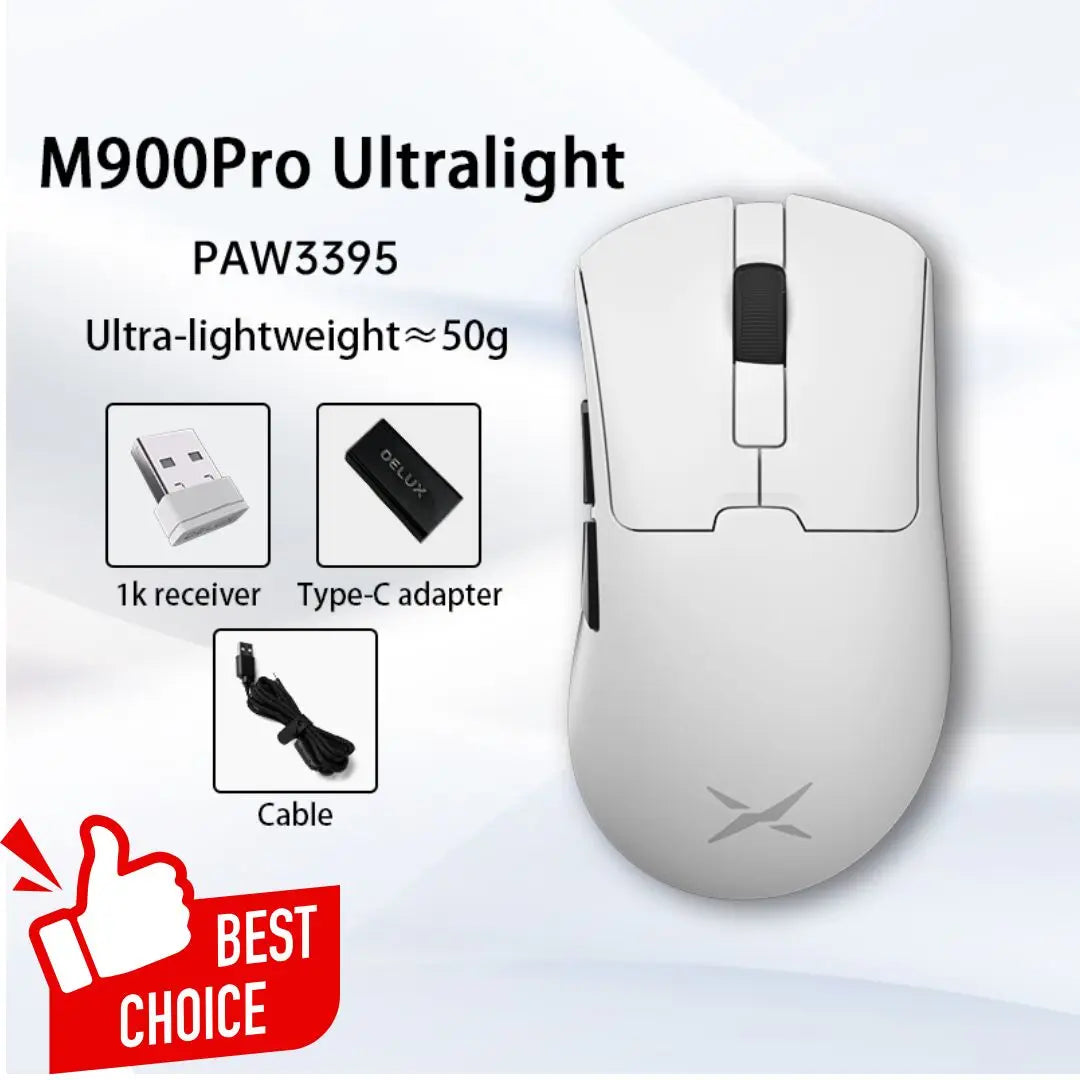 Delux M900PRO Ultra-light Version Wireless Gaming Mouse Ergonomic 1K/8K Polling Rate 50g PAW3395 for Right Big Hand PC Laptop
