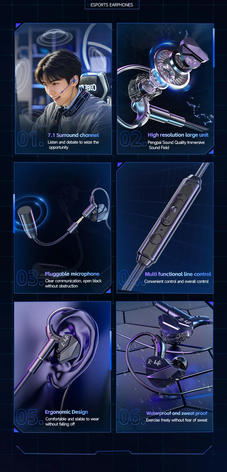 Gamer Gaming Headphones with HD Microphone 3.5mm&TypeC In-ear Headphones Wired Earphone HiFi Stereo Headset for IPhone Samsung