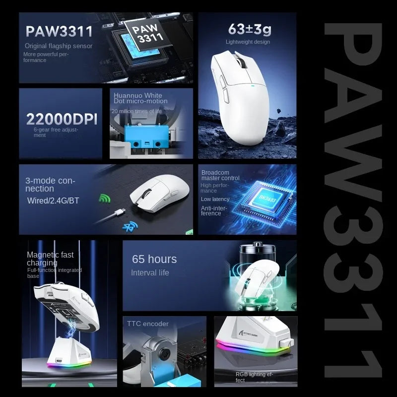 Attack Shark X11 Wireless mouse, three-mode connection 2.4GHz/ wired/Bluetooth PAW3311 22000DPI RGB magnetic charging dock mouse