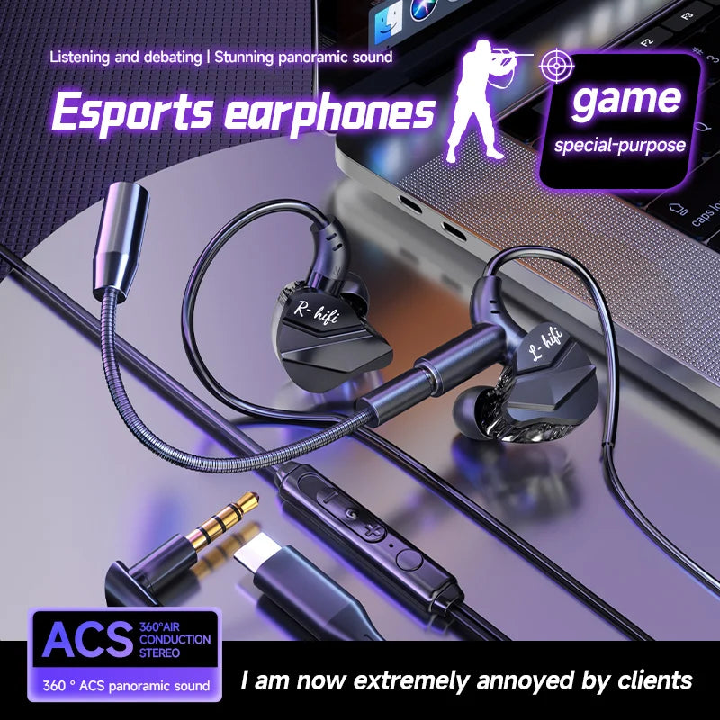 Gamer Gaming Headphones with HD Microphone 3.5mm&TypeC In-ear Headphones Wired Earphone HiFi Stereo Headset for IPhone Samsung