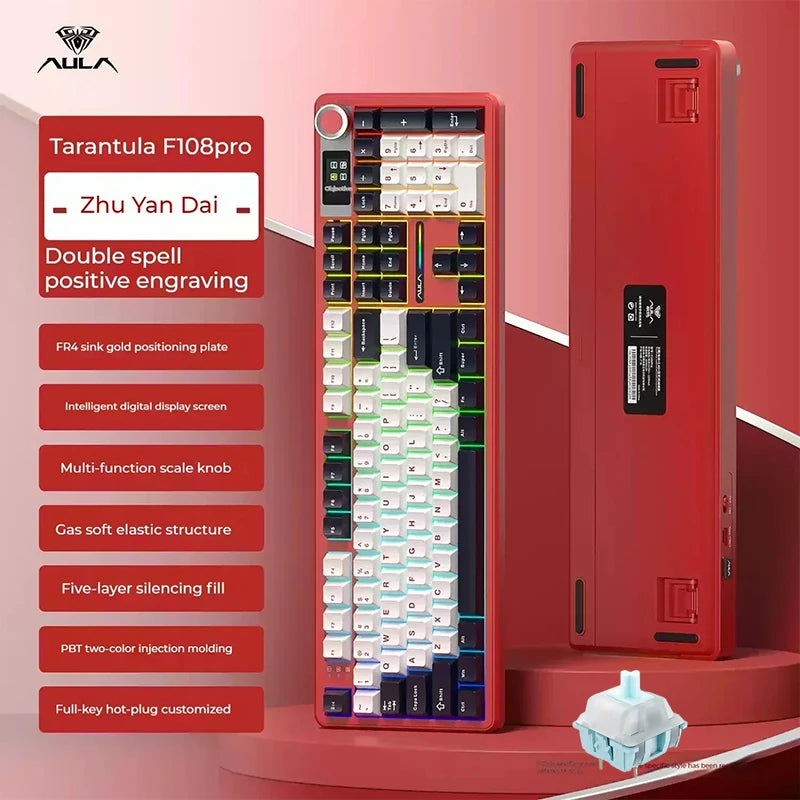 AULA F108/PRO Gaming Keyboard Mechanical RGB Hot Swappable Wireless 2.4G Polling Rate 100% Layout Hifi Switch Custom Accessories