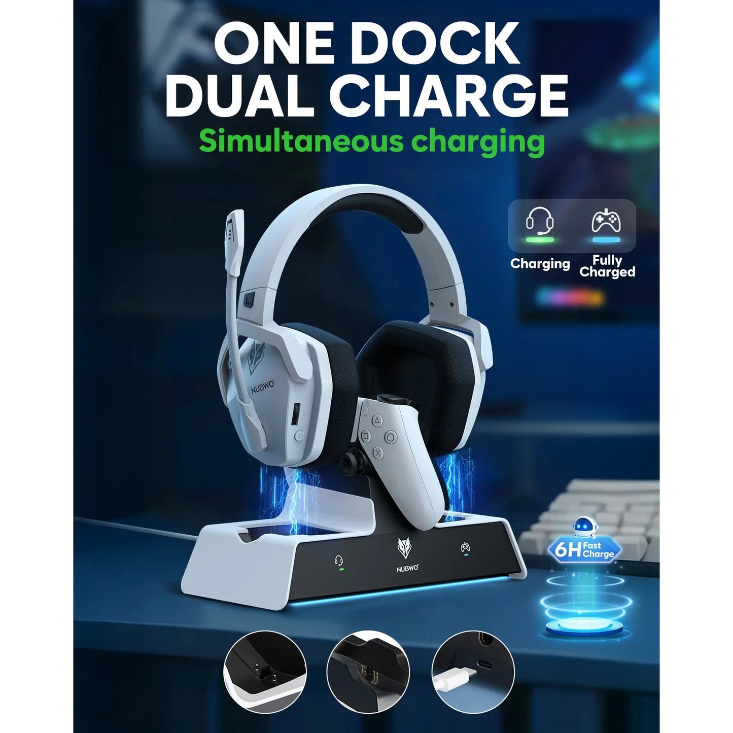 NUBWO G06 Pro Wireless Headsets Gamer with Charging Station for Headset and PS5 Controller Gaming Headphones Long Battery Life