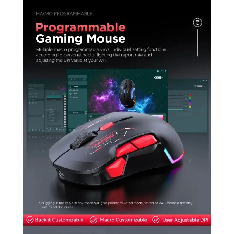 MKESPN W12 10-button Macro Gaming Mouse Both Hand Wireless Bluetooth Multi-channel Tri-mode Large RGB Ergonomic Ambidextrous