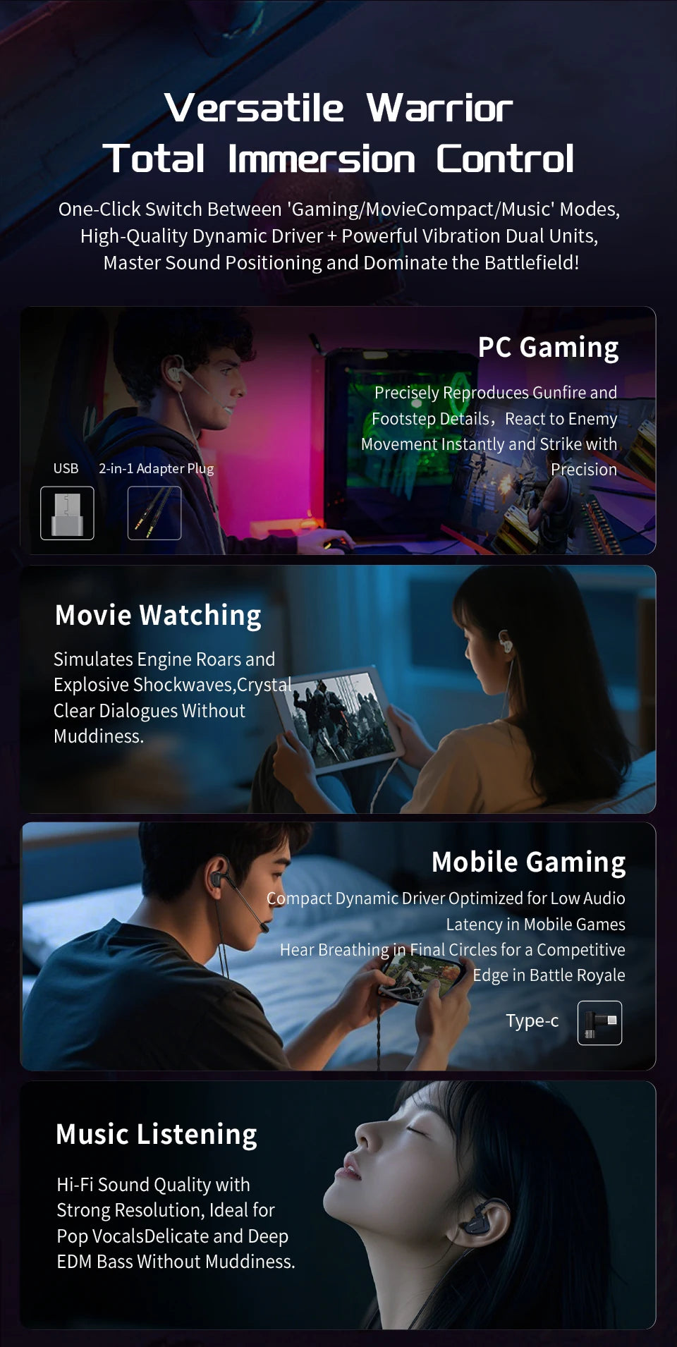 CVJ Shadow Blade Vibration Music Gaming IEM HIFI Wired in-ear Earphones Dynamic Driver + Vibration Unit with Tuning Tubes HD MIC