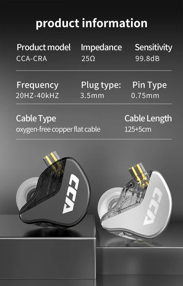 CCA CRA In Ear Headphones Ultra-Thin Diaphragm Dynamic Driver IEM Earphones Bass Wired Gaming Earbuds with Detachable Cable