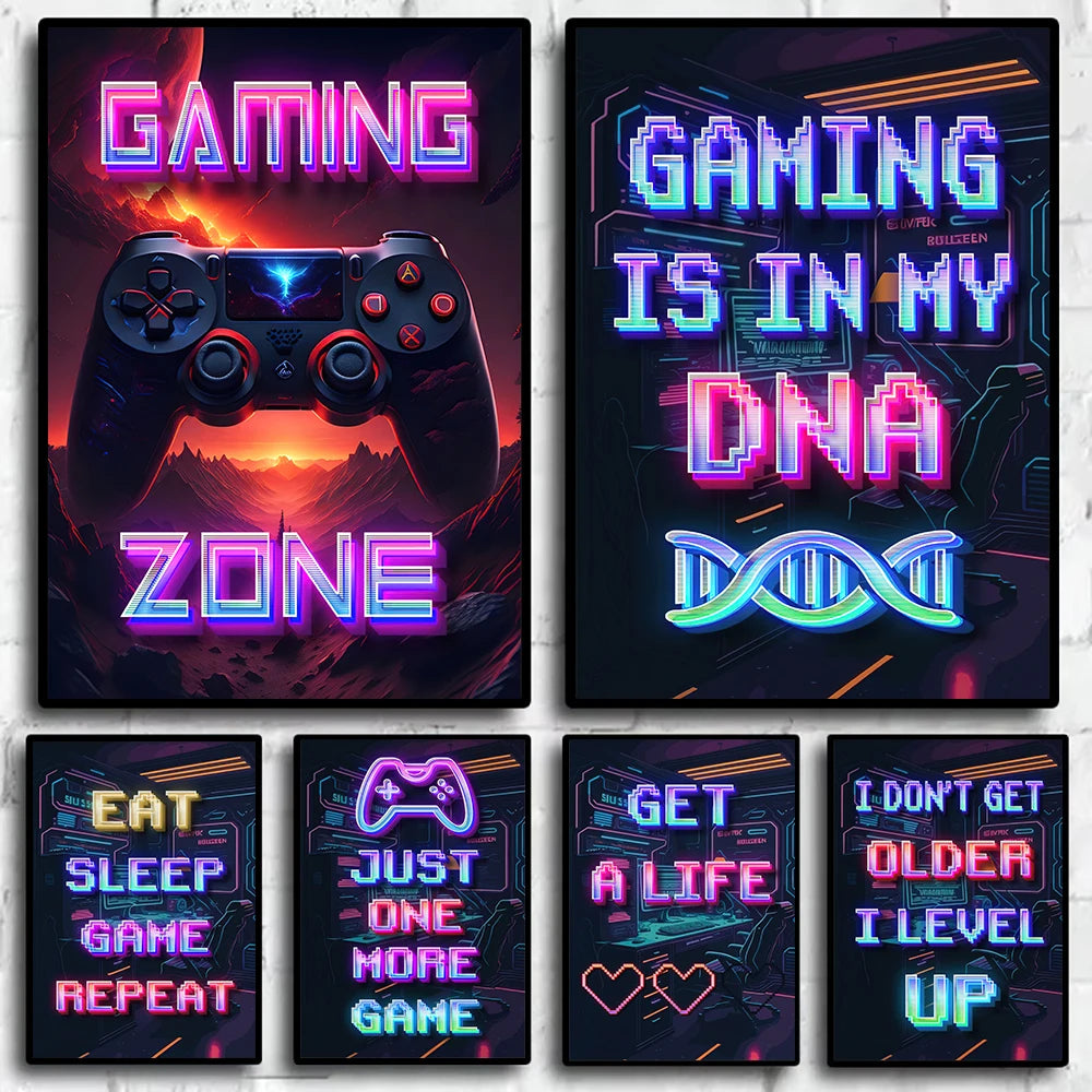 Neon Eat Sleep Game Repeat Word Poster Gamer Logic Canvas Painting Wall Art Home Decor Gaming Zone Picture Boys Gamer Room Gift