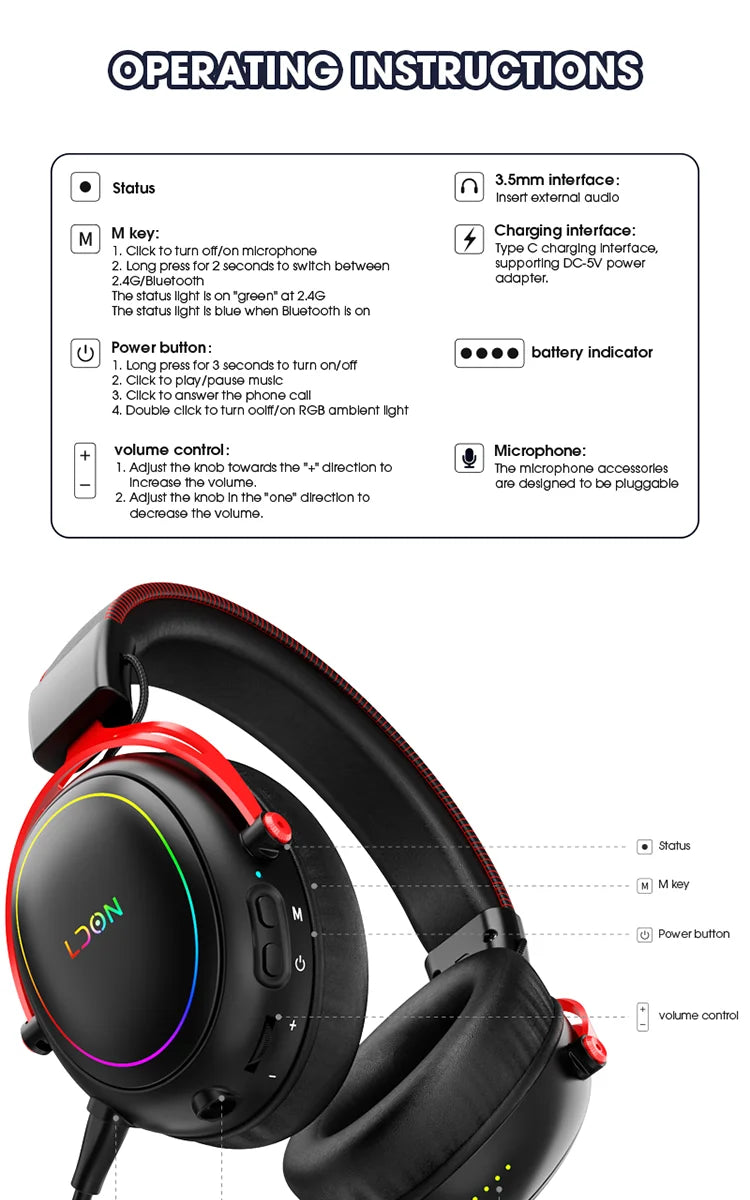 LDON F05Gaming Headset with RGB Noise Canceling Microphone 7.1 Surround Sound  for PS5 PS4 One PC Laptop Mac Computer PC