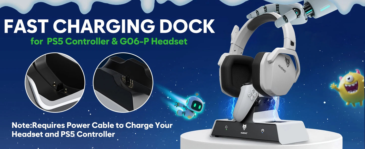NUBWO G06 Pro Wireless Headsets Gamer with Charging Station for Headset and PS5 Controller Gaming Headphones Long Battery Life