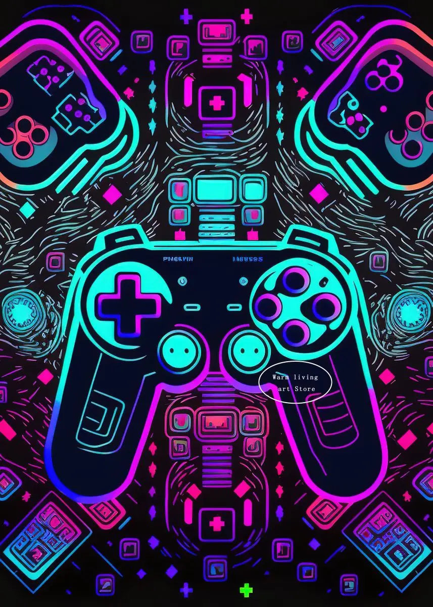80s Retro Neon Game Quotes Poster Boy Gaming Controller Gamer Zone Room Eat Sleep Game Repeat Canvas Painting Home Decor Gift