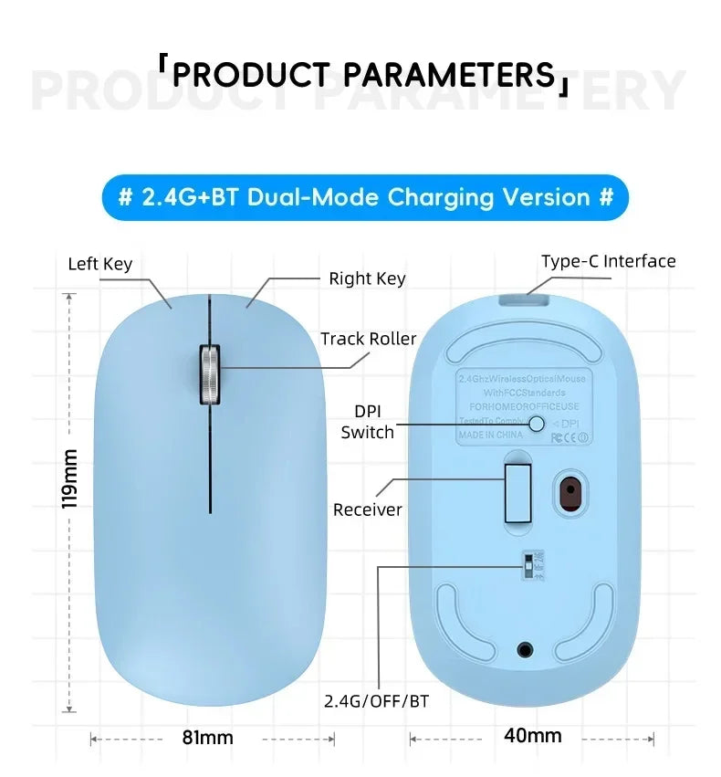 2025 NEW Bluetooth Wireless Mute Mouse Dual Mode Dpi Adjustable 2.4g Type C Rechargeable Ergonomic Portable Office Mouse