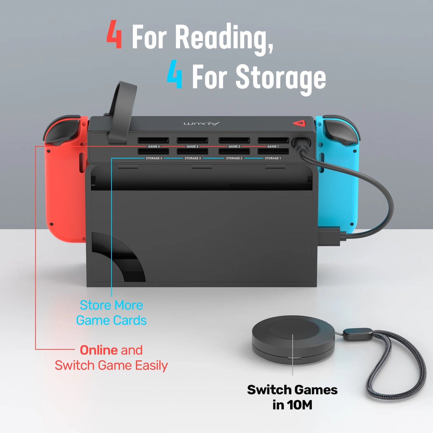 Alxum D1100B For Nintendo Switch Game Card Reader with Wireless Remote Gaming Gamers Accessories Plug & Play USB Powered Black