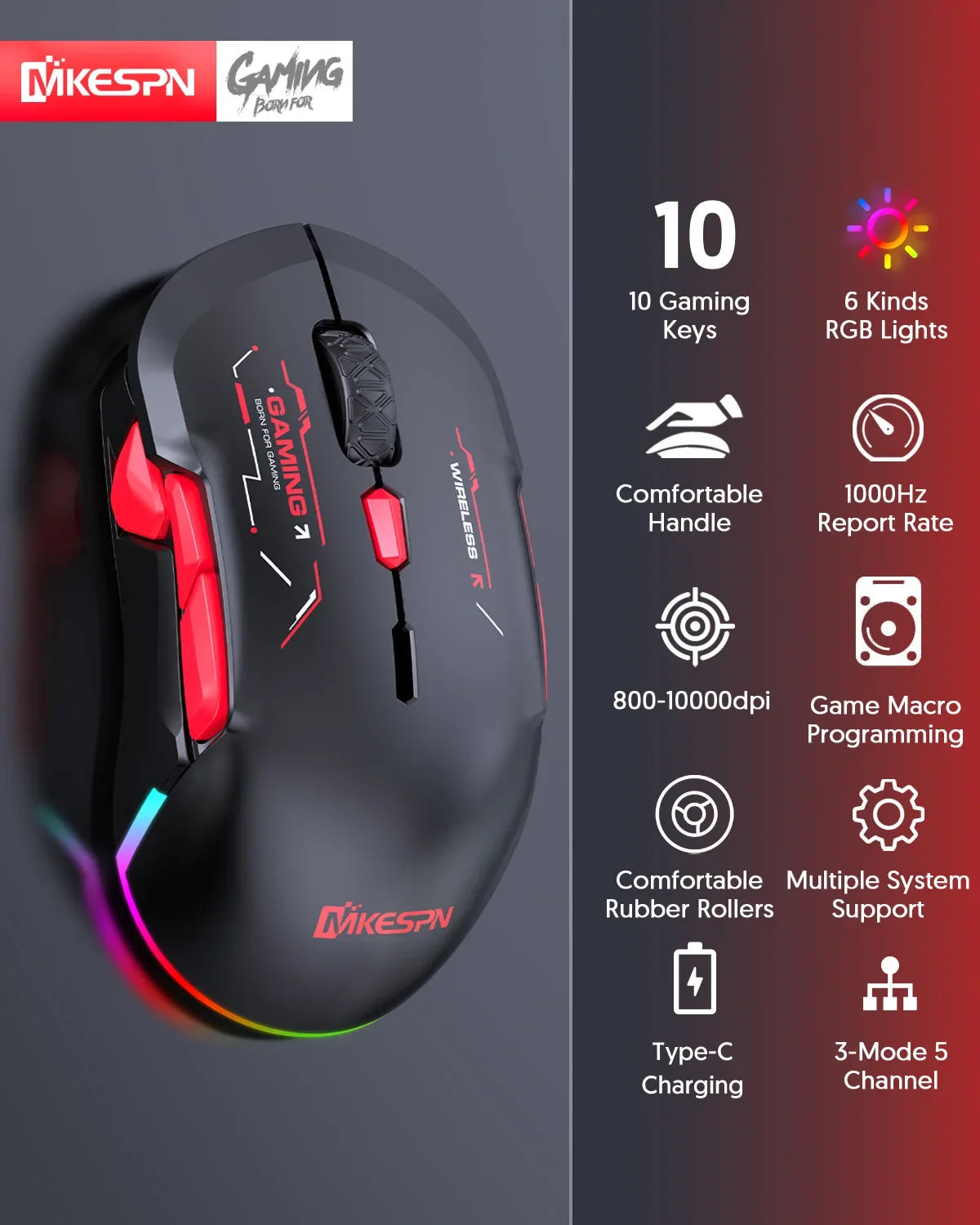 MKESPN W12 10-button Macro Gaming Mouse Both Hand Wireless Bluetooth Multi-channel Tri-mode Large RGB Ergonomic Ambidextrous