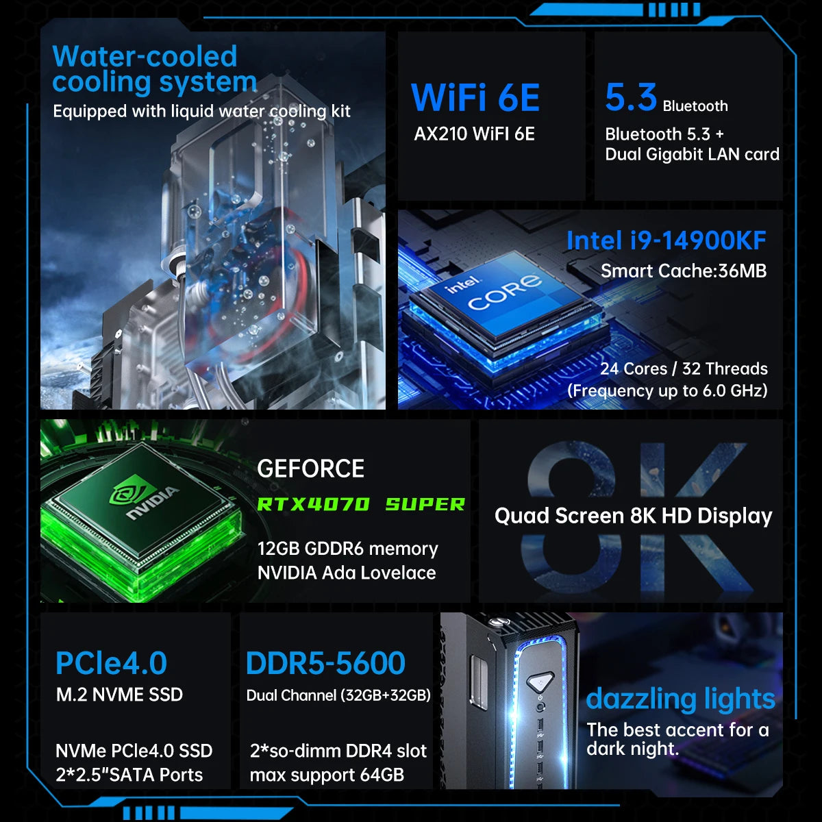 MSECORE  SL800 Intel Core I5 I7 I9 RTX4070 12G Liquid Cooling Desktop Gaming Computer Windows 11 MINI PC DDR5 NVMe SSD 8K BT5.3