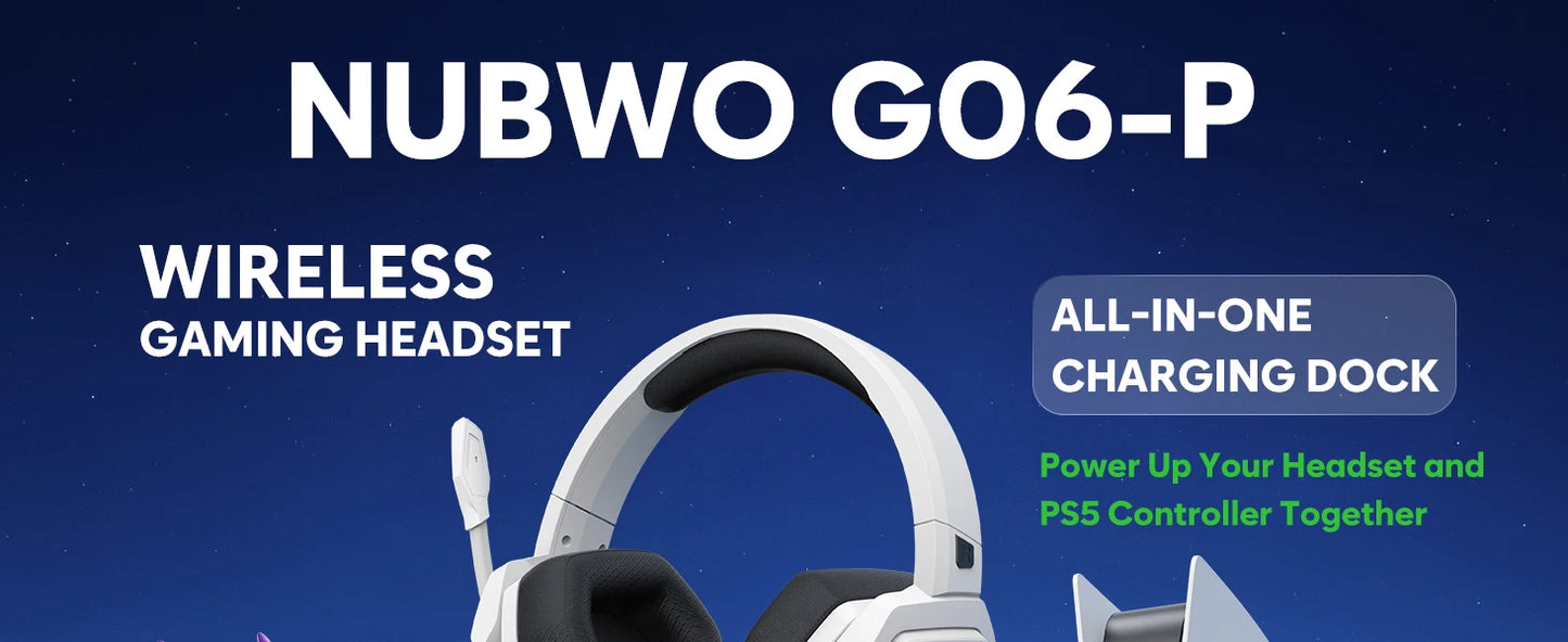 NUBWO G06 Pro Wireless Headsets Gamer with Charging Station for Headset and PS5 Controller Gaming Headphones Long Battery Life