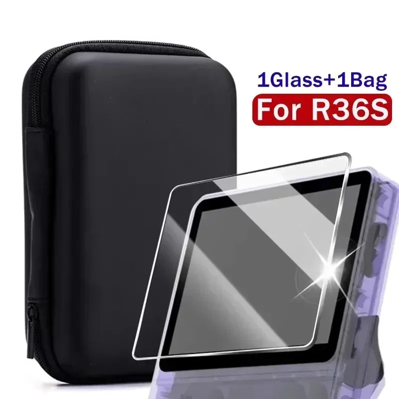 Case + Glass for R36S Game Console Travel Carrying Storage Bag & Screen Protectors Tempered Glass Films for R36 S Accessories