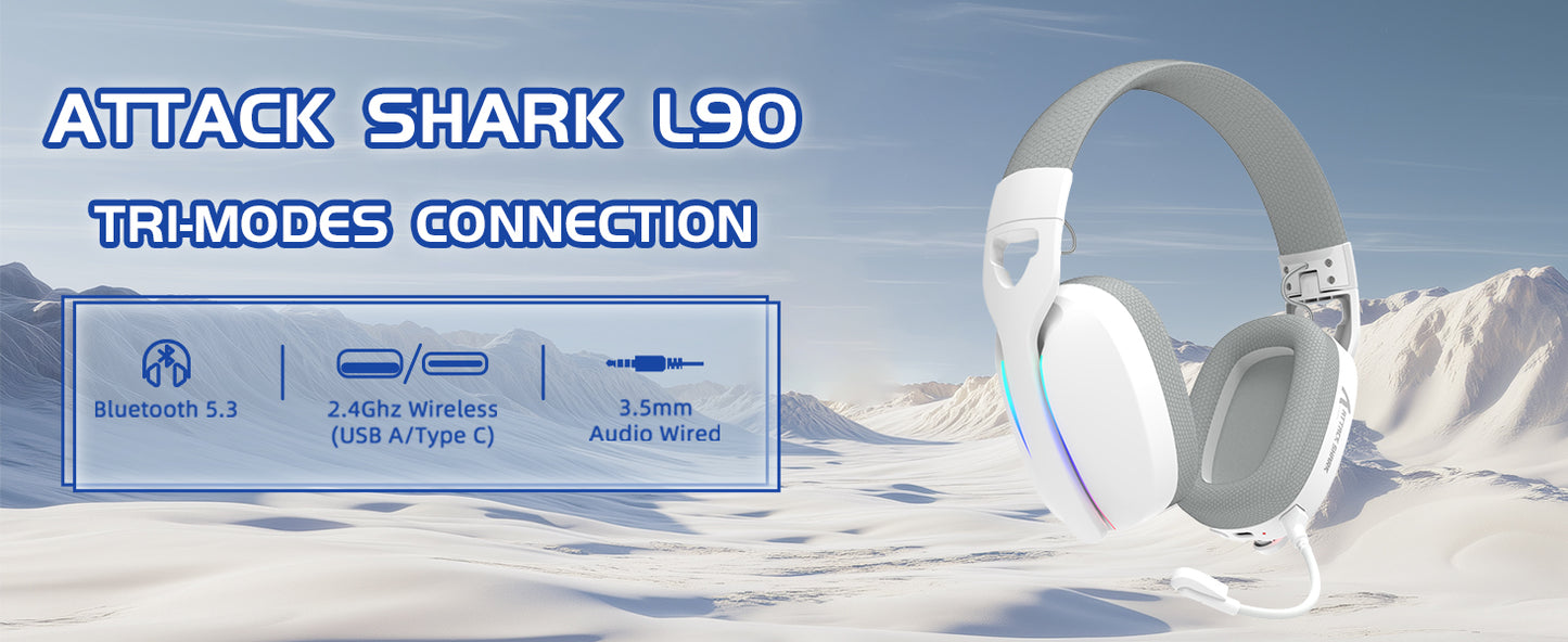 ATTACK SHARK L90 Ultralight Wireless Gaming Headset, BT, 2.4G, 3.5mm Wired, RGB Foldable 7.2 Surround Sound Over-Ear Earmuffs